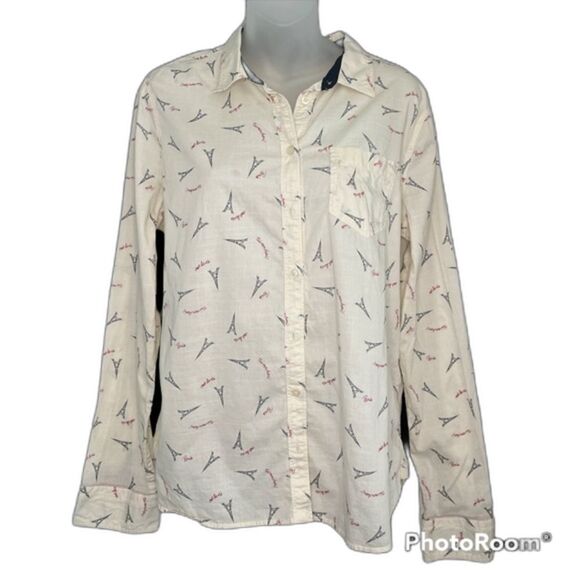 JCPenney Women's Cream Eiffel Tower Print Button Front Top Size Large - Picture 1 of 7